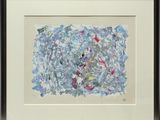painting of a blue and white abstract painting in a black frame