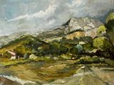 a painting of a landscape with a mountain in the background