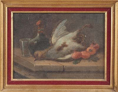 une photo d'un tableau représentant un oiseau mort posé sur une table