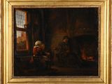an oil painting of a man and a woman sitting in front of a fire place
