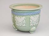 un pot vert orné d'un motif blanc