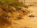 a painting of a man walking down a dirt road