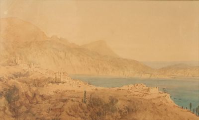a picture of a painting of a mountain with a lake in the background