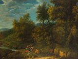 une image représentant un tableau où figurent un homme et une femme dans un paysage boisé