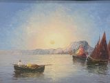 a painting of boats in a body of water with a mountain in the background