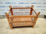 a wooden crate with a wire cage on top of it