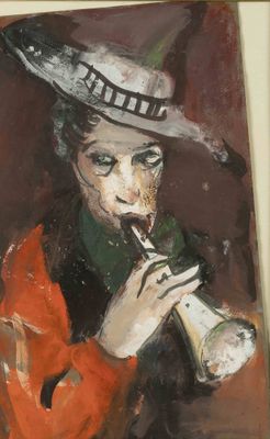 tableau représentant une femme coiffée d'un chapeau jouant de la trompette