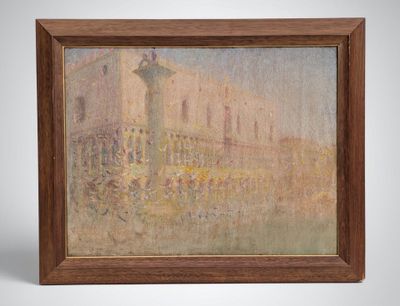 an oil painting of a building with a clock on top of it