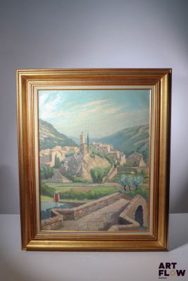 peinture représentant un paysage avec un pont et un château en arrière-plan