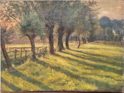 painting of a field with trees and a fence in the foreground