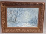 an oil painting of a snowy landscape with trees in the foreground