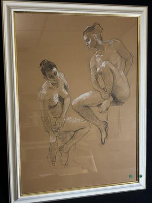 dessin représentant un couple de nus assis sur un tabouret devant un miroir