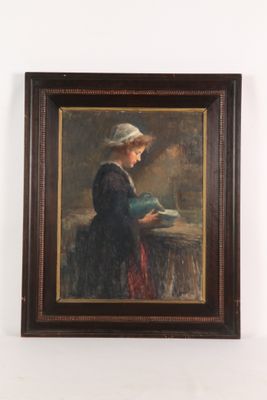 an oil painting of a woman reading a book on a table