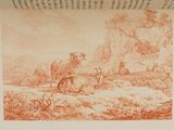 drawing of a man on a horse in a landscape with a mountain in the background