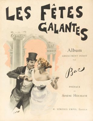 une vieille affiche représentant un homme et une femme en train de danser devant un immeuble
