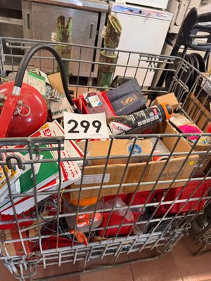 a shopping cart full of items in a store