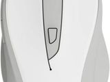 the computer mouse is white and has a black button