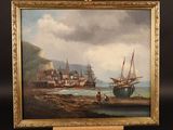 an oil painting of ships in a harbor on a wooden easel