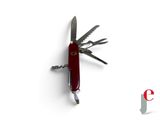 a swiss army knife with a red handle on a white surface