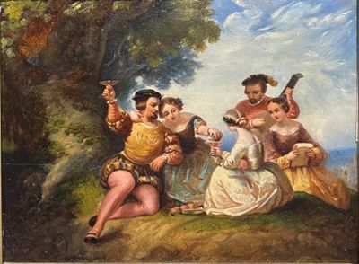 painting of a group of people playing instruments in a wooded setting