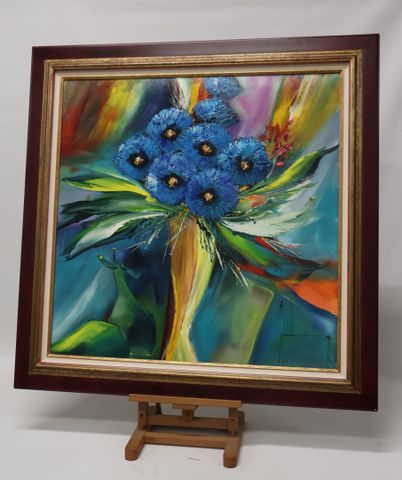 Christof MONNIN (1968) « Bouquet bleu ». Huile sur toile. Signé e...