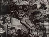 black and white drawing of a large group of people in a field