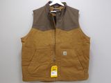 a brown vest with a yellow tag hanging on a hanger
