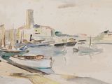 une peinture de bateaux dans un port avec des bâtiments à l'arrière-plan