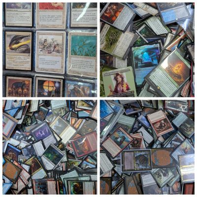 several pictures of a bunch of different types of cards on a table