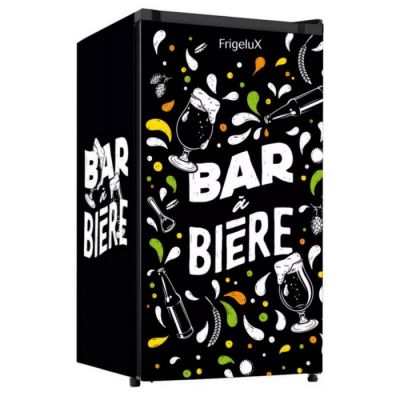 un réfrigérateur noir orné d'un motif représentant un bar à bière