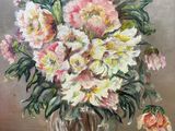 painting of flowers in a vase on a table next to pine cones