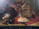 a painting of pheasants and a basket of pheasants on a table