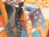 un tableau représentant un homme et une femme debout côte à côte