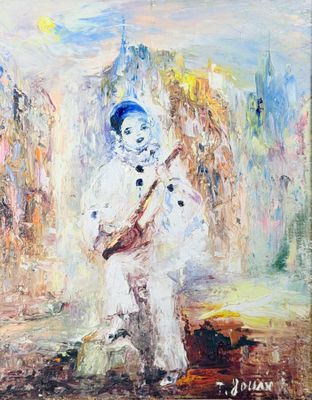 un tableau représentant un homme en costume blanc jouant d'un instrument de musique