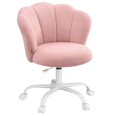 la chaise est rose et blanche, avec un piètement blanc et des roulettes