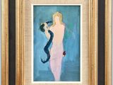 une peinture à l'huile représentant une femme en robe rose tenant un chat noir