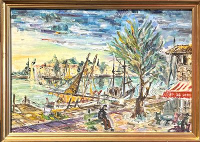 Ecole Moderne. Le port. Huile sur toile.