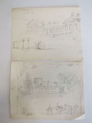 deux dessins représentant un bâtiment et une calèche devant celui-ci