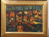 a picture of a painting of people walking in the woods