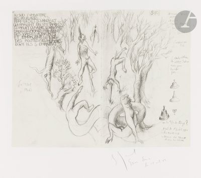 an image of a drawing of a man and a dog in the woods