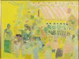 une peinture à l'huile représentant une foule dans un champ jaune