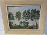 un tableau représentant un paysage avec des arbres et des bottes de foin, dans un cadre