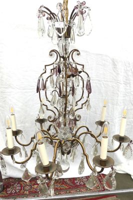 BACCARAT, attribué à Lustre à pampilles de cristal deux coul…