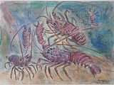 painting of two lobsters and a crab on a blue background
