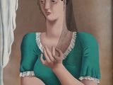 painting of a woman in a green dress sitting on a balcony