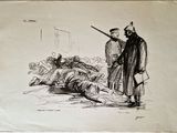 un vieux dessin représentant un homme tenant un pistolet à côté d'un autre homme allongé par terre