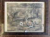 tableau représentant un homme et deux chiens dans un environnement boisé