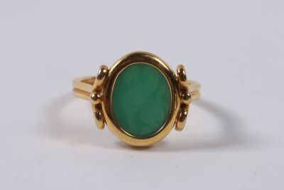 a close up of a gold ring with a green stone