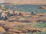 a painting of a group of people on a rocky beach