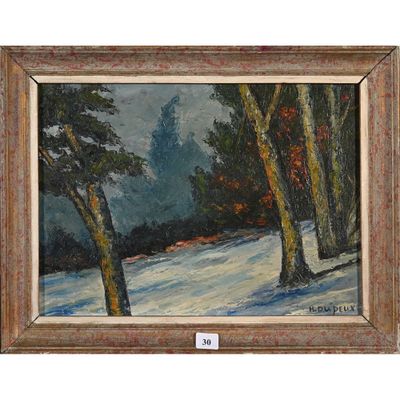 une peinture d'un paysage enneigé avec des arbres au premier plan